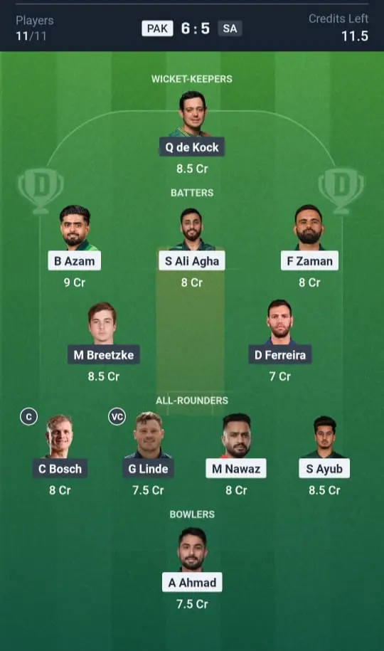 PAK vs SA Grand League Team 