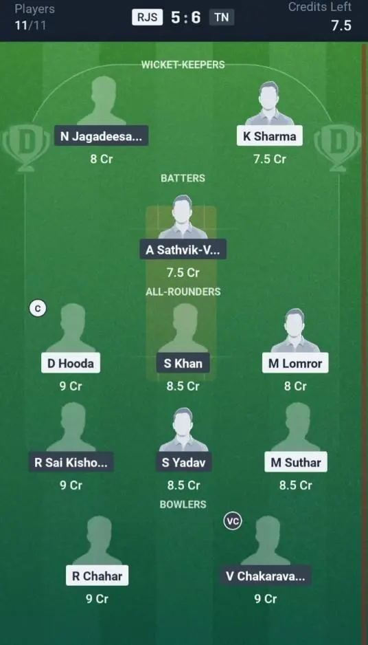 RJS VS TN Dream11 Prediction Grand League Team