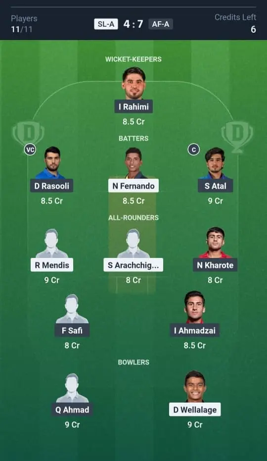 SL-A VS AF-A Dream11 Prediction Grand League Team 
