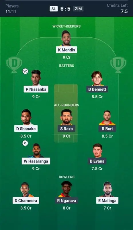 SL VS ZIM Dream11 Prediction Grand League Team 