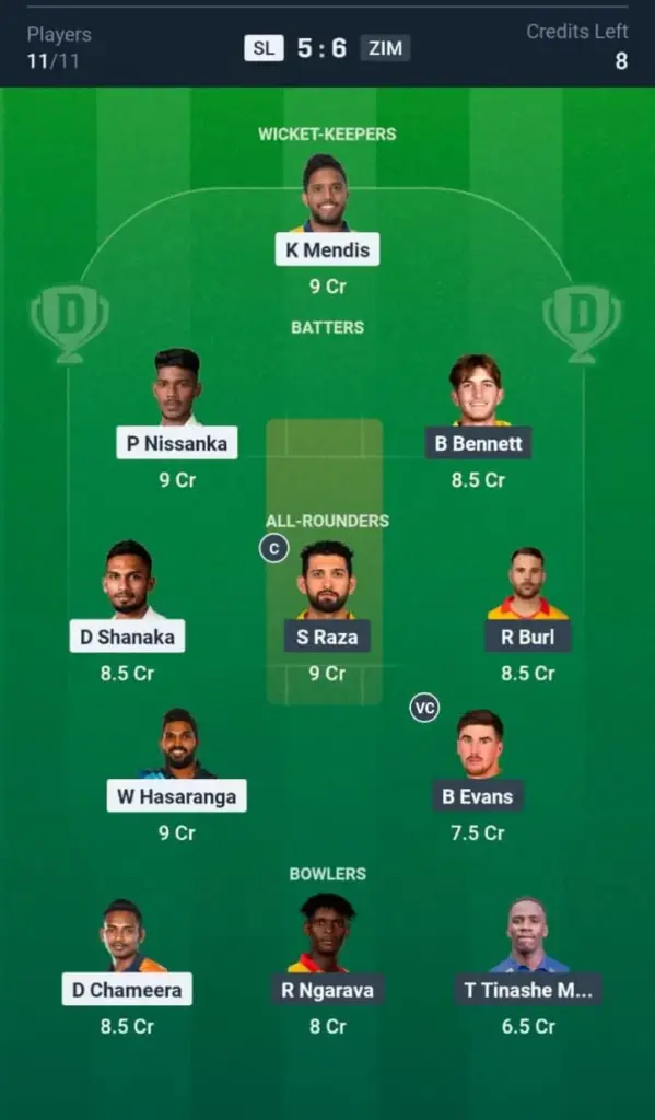 SL vs ZIM Dream11 Prediction Small League Team 