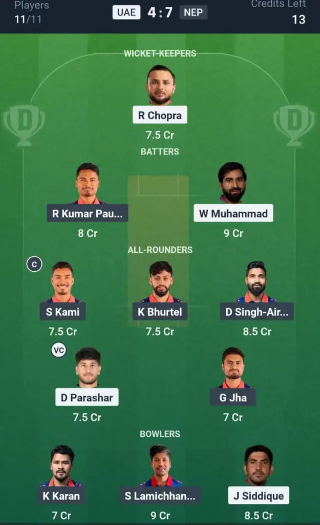 UAE vs NEP Grand League Team