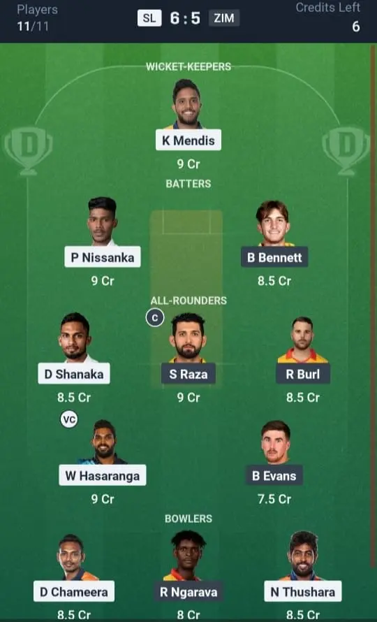 SL VS ZIM Dream11 Prediction Grand League Team