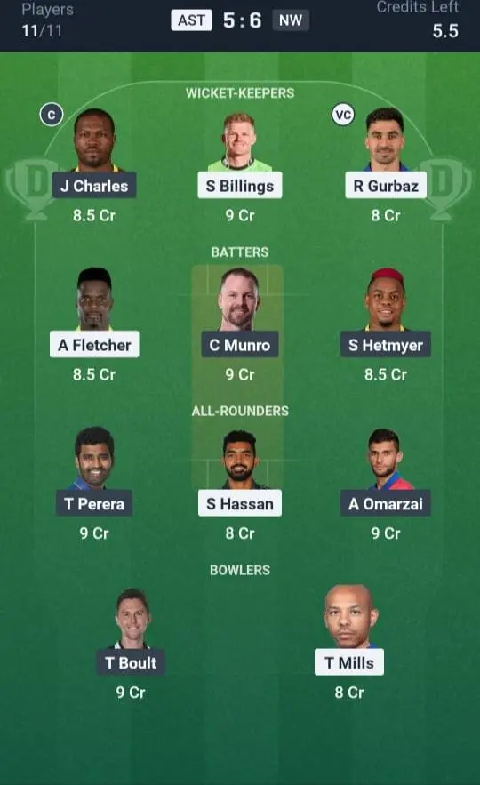AST VS NW Dream11 Prediction Grand League Team