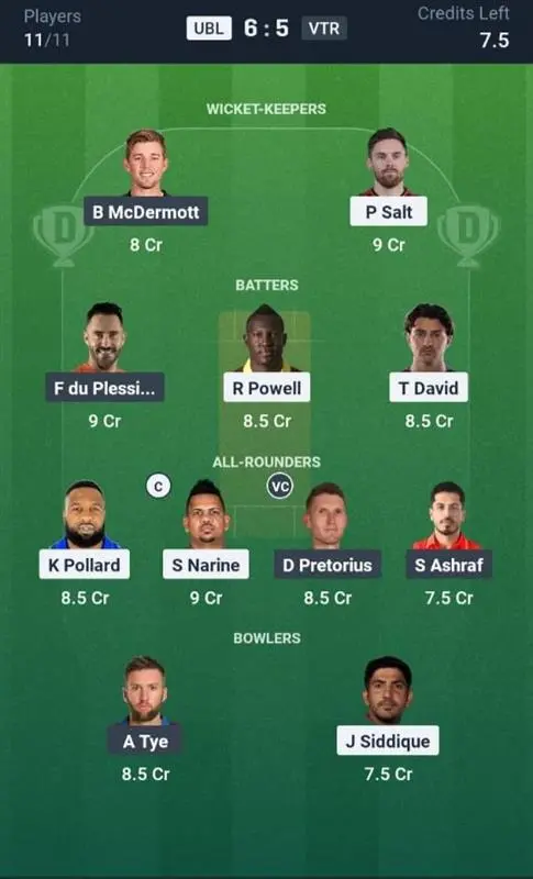 UBL VS VTR Dream11 Prediction Grand League Team