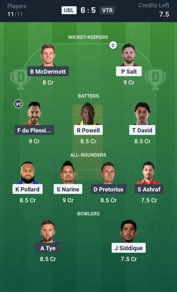 UBL vs VTR Dream11 Prediction Small League Team