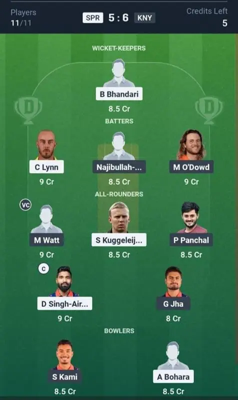 SPR VS KNY Dream11 Prediction Grand League Team