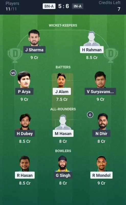 BAN-A vs IND-A Dream11 Prediction Small League Team