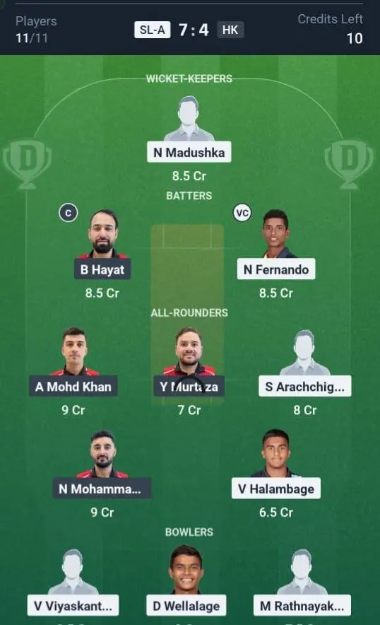 SL-A VS HK Dream11 Prediction Grand League Team
