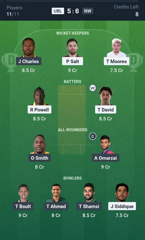 UBL VS NW Dream11 Prediction Grand League Team