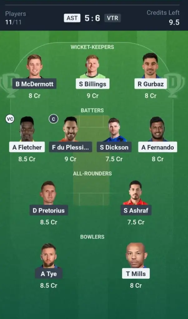 AST VS VTR Dream11 Prediction Grand League Team