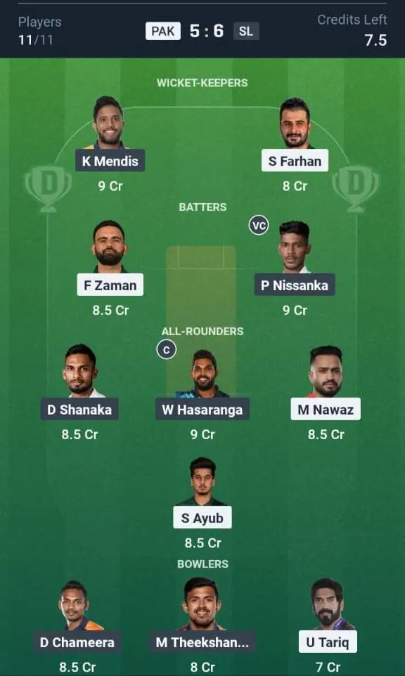 PAK VS SL Dream11 Prediction Grand League Team