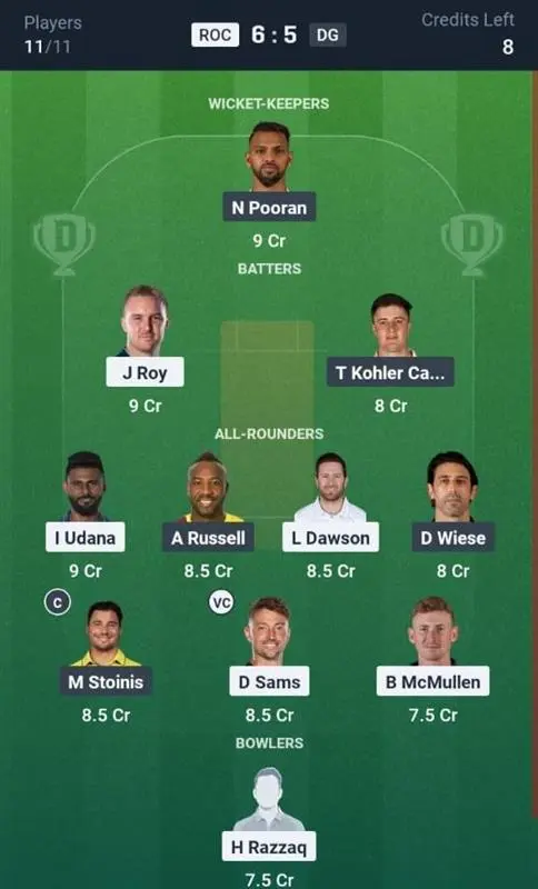 ROC VS DG Dream11 Prediction Grand League Team