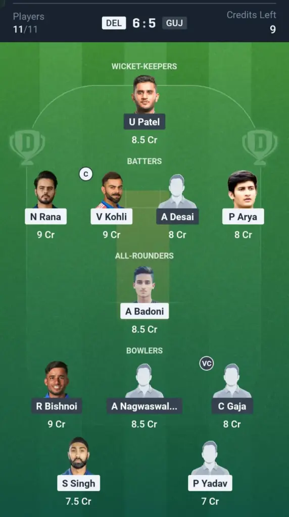 DEL VS GUJ Grand League Team