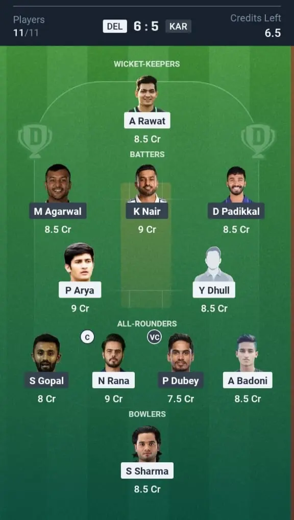 DEL VS KAR Dream11 Prediction Grand League Team
