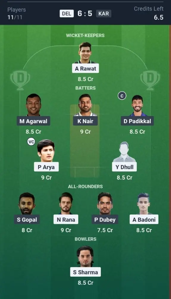 DEL vs KAR Dream11 Prediction Small League Team
