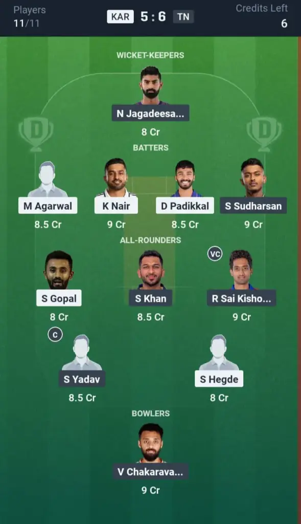 KAR VS TN Dream11 Prediction Grand League Team