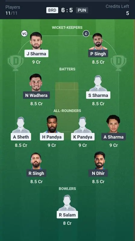 BRD vs PUN Dream11 Prediction Small League Team