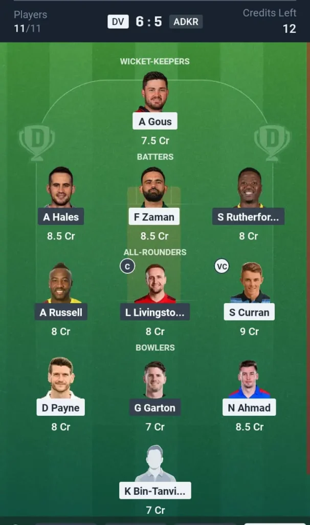 DV VS ADKR Dream11 Prediction Grand League Team