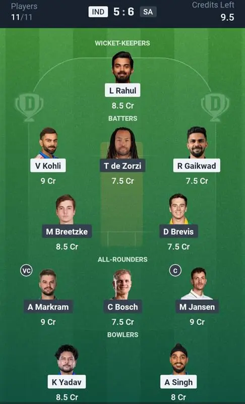 IND vs SA Dream11 Prediction Small League Team