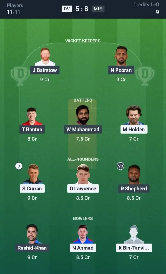 DV VS MIE Dream11 Prediction Grand League Team