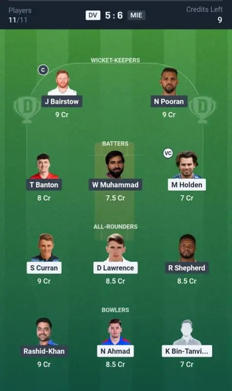 DV vs MIE Dream11 Prediction Small League Team
