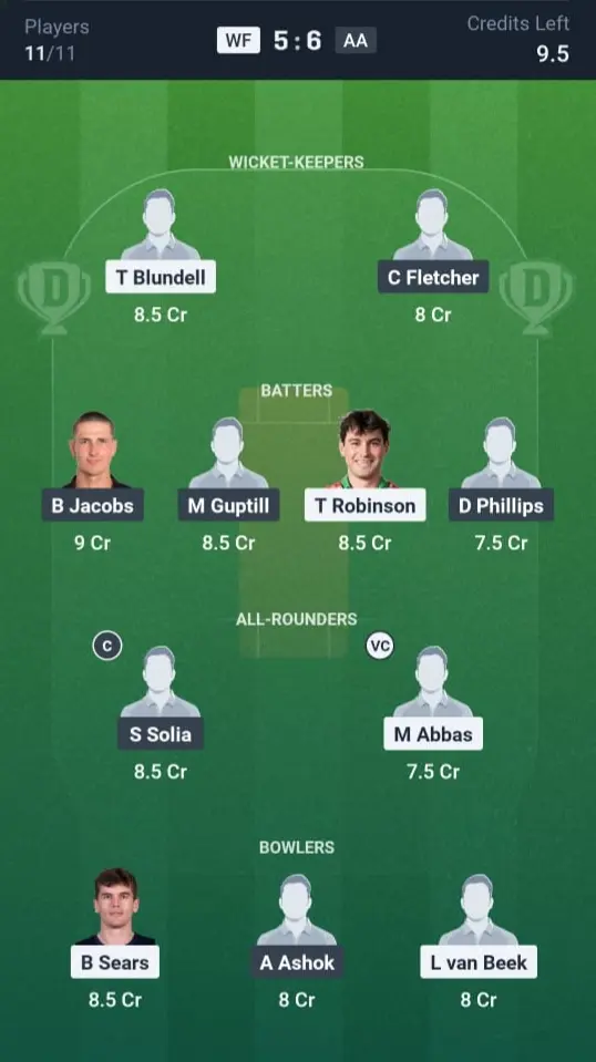 WF VS AA Dream11 Prediction Grand League Team