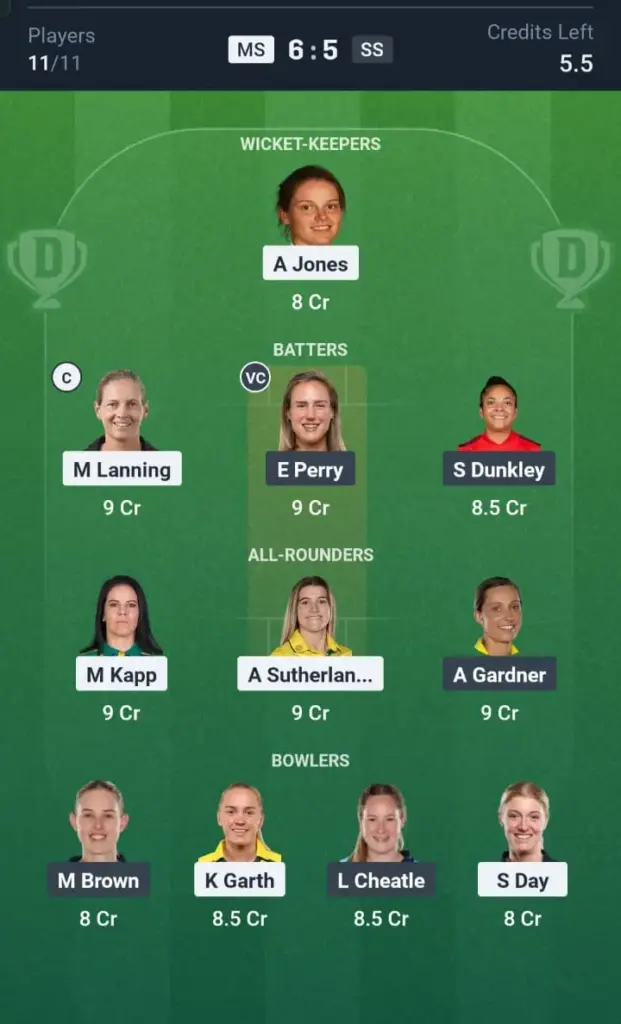 MS-W VS SS-W Dream11 Prediction Grand League Team