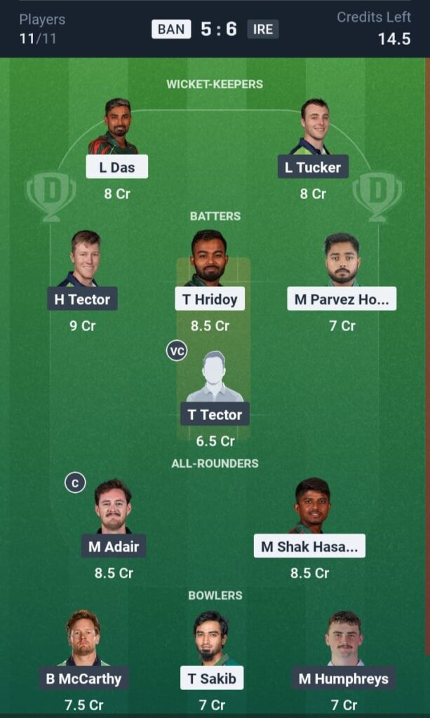 BAN VS IRE Dream11 Prediction Grand League Team