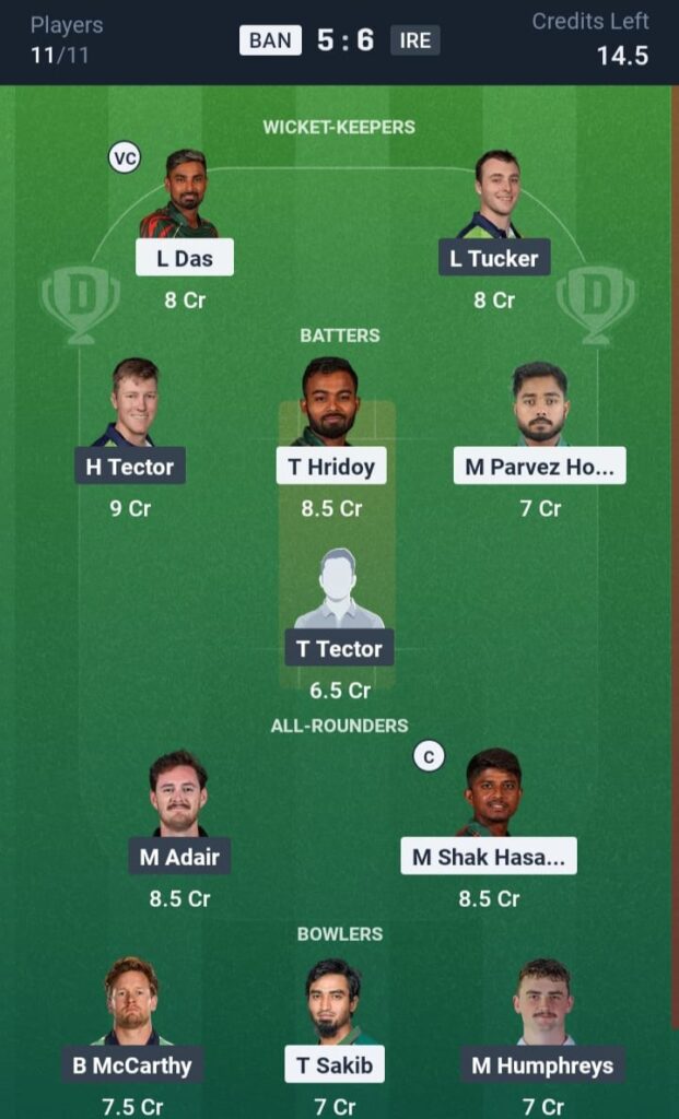 BAN vs IRE Dream11 Prediction Small League Team