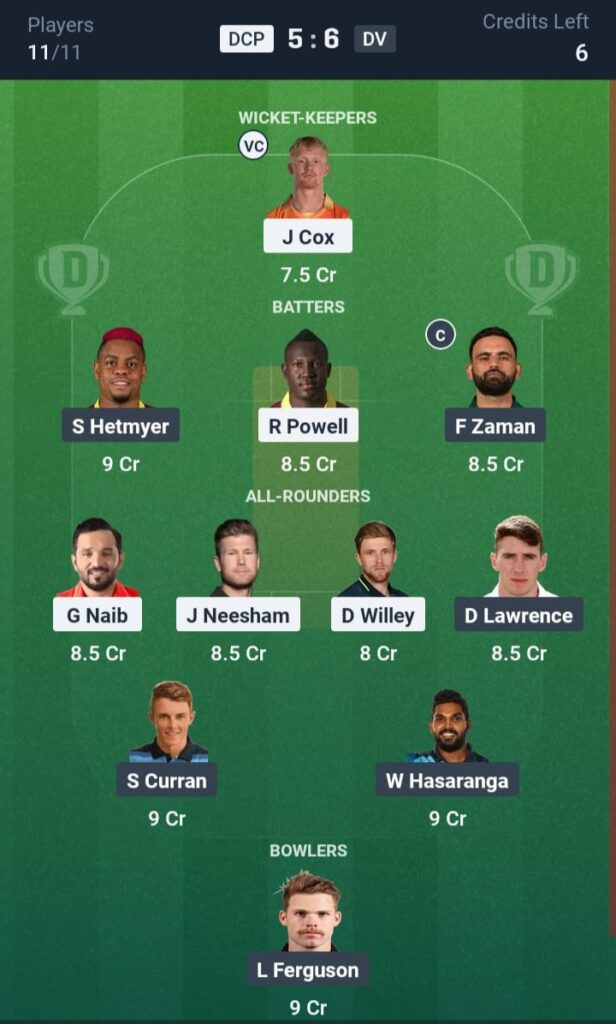 DCP VS DV Dream11 Prediction Grand League Team