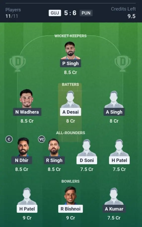 GUJ VS PUN Dream11 Prediction Grand League Team