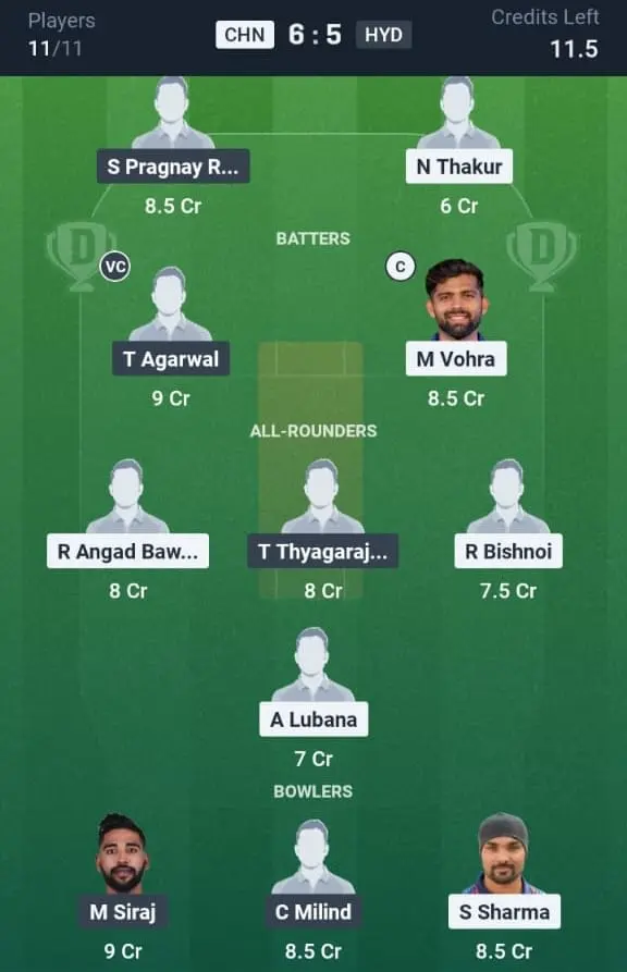 CHN vs HYD Dream11 Prediction Small League Team