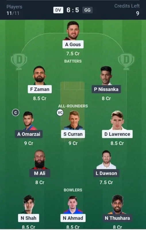 DV VS GG Dream11 Prediction Grand League Team