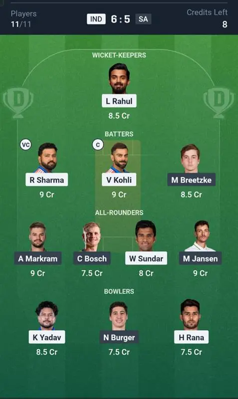 IND vs SA Dream11 Prediction Small League Team