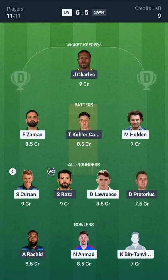 DV VS SWR Dream11 Prediction Grand League Team