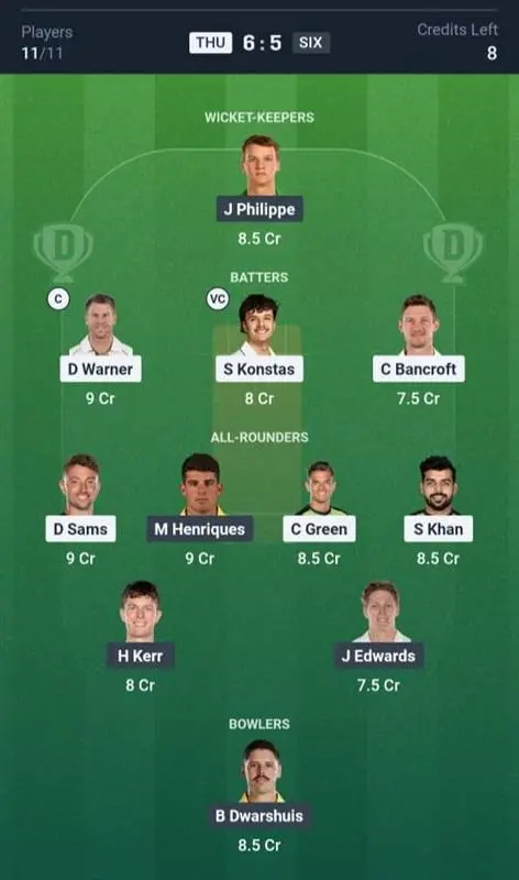 THU vs SIX Dream11 Prediction Small League Team