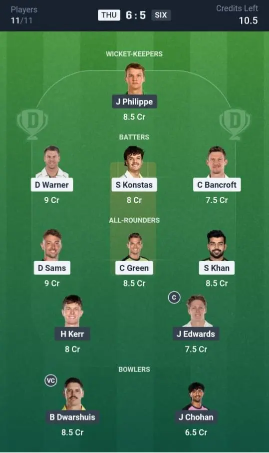 THU VS SIX Dream11 Prediction Grand League Team: 