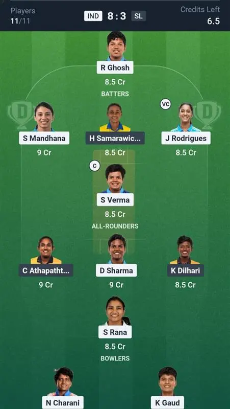 IND-W VS SL-W Dream11 Prediction Grand League Team