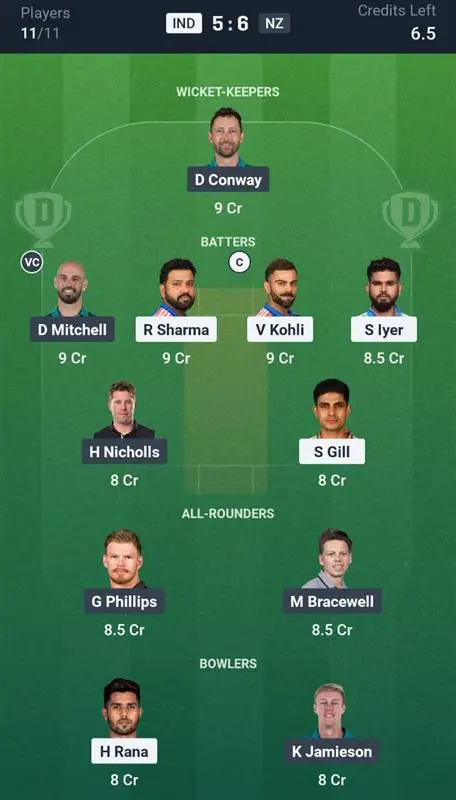 IND VS NZ Grand League Team
