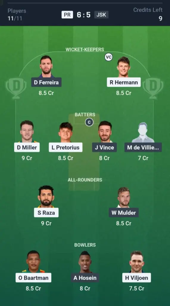 PR vs JSK Dream11 Prediction Small League Team