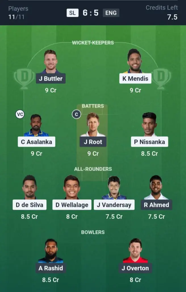 SL VS ENG Dream11 Prediction Grand League Team