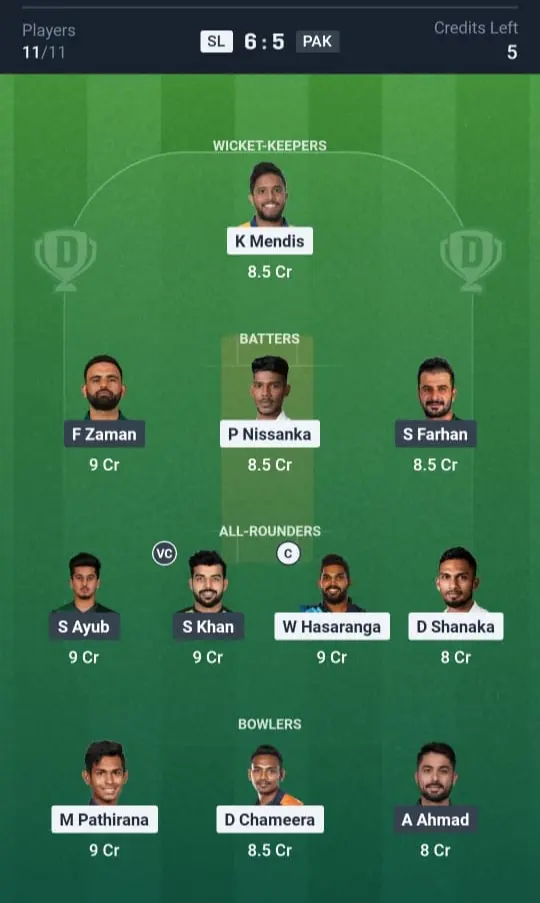 SL vs PAK Grand League Team