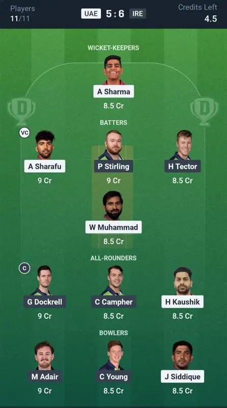 UAE vs IRE Dream11 Prediction Small League Team