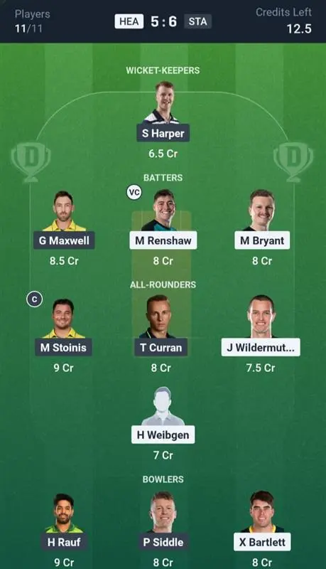 HEA vs STA Dream11 Prediction Small League Team