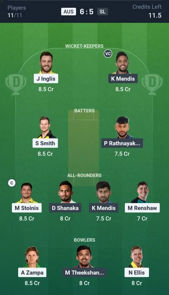 AUS VS SL Dream11 Prediction Grand League Team