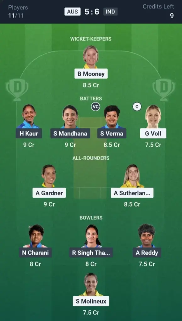 AUS-W VS IND-W Dream11 Prediction Grand League Team