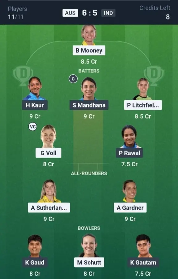 AUS-W VS IND-W Dream11 Prediction Grand League Team