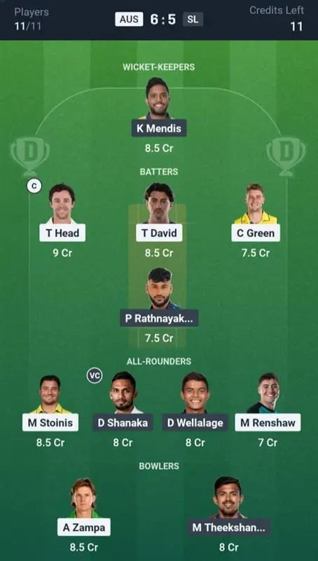 AUS vs SL Dream11 Prediction Small League Team