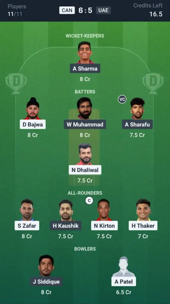 CAN vs UAE Dream11 Prediction Small League Team